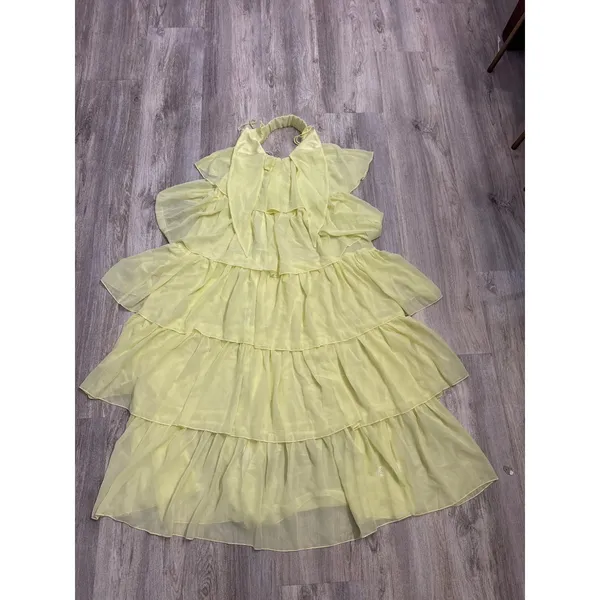 Lucy In The Sky Yellow Tiered Chiffon Maxi Dress Tie Front Cutout Back Small NEW - Image 2