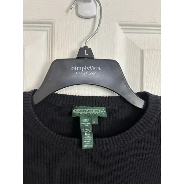 Y2K Lauren Jeans Co Black Rib Knit Crewneck Leather Patch Long Sleeve M Moto - Image 7