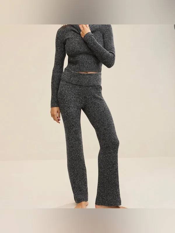 Aerie ribbed Late Night fold over flared knit pants in marled gray - Image 3