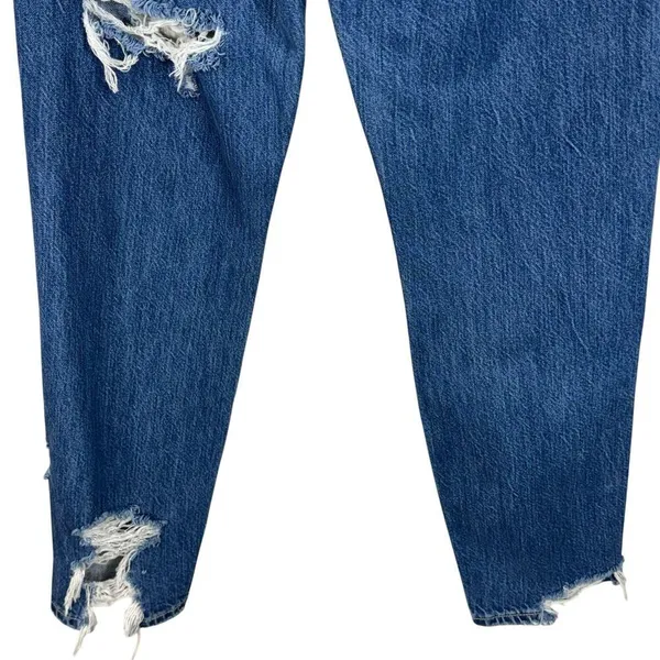 American Eagle SZ 4 Mom Jeans Hi-Rise Distressed Rips Zip-Fly Whiskered Blue - Image 8
