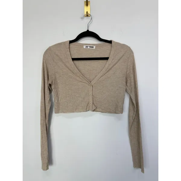 Joah Brown Ribbed Button Front Cardigan Crop Top One Size - Image 2