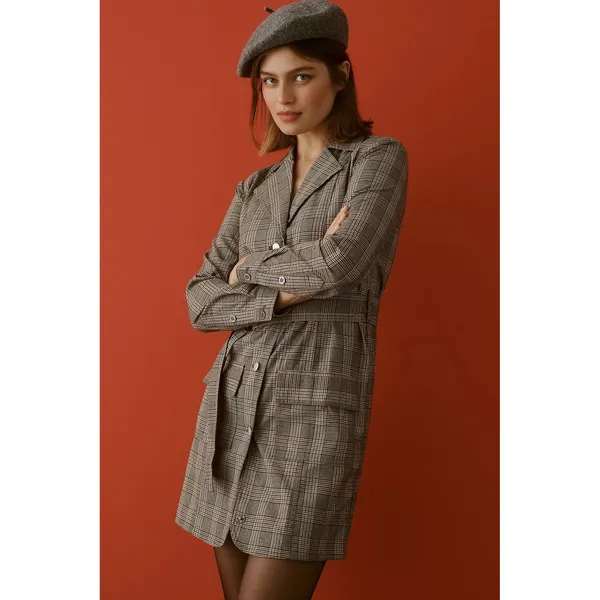 Anthropologie PILCRO Belted Blazer Dress Plaid Glen Check Brown Pockets Medium - Image 5