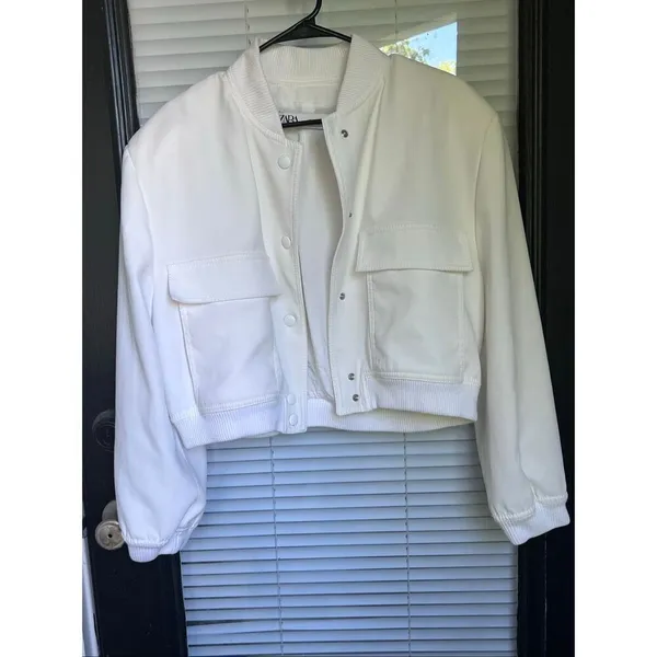 Zara Cream Linen Blend Snap Button Mock Neck Cropped Bomber Varsity Jacket L - Image 12