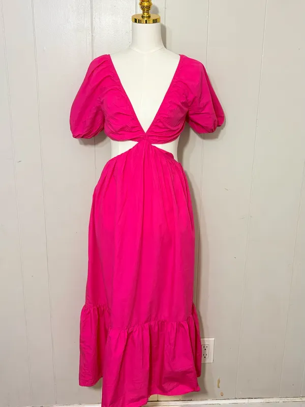 Zara Poplin Cut Out Puff Sleeve Midi Maxi Dress Fuchsia Pink Size M - Image 3