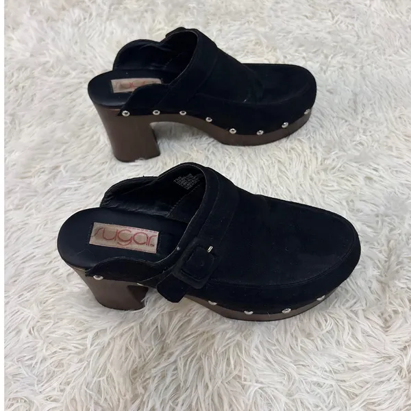 Sugar Black Suede Clogs Platform Studded‎ Heel 7.5M Brown Wood - Image 3
