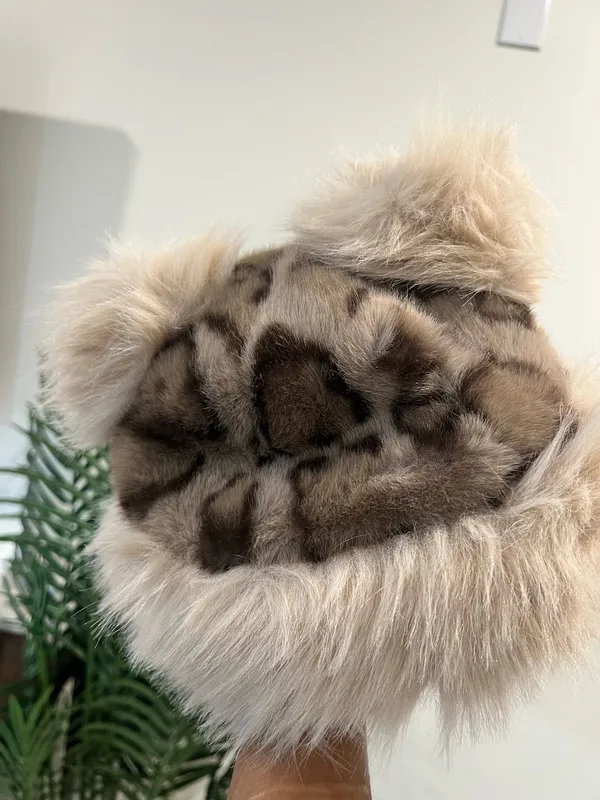 Plush Faux Fur Animal Ear Beanie - Cream & Brown - Image 4