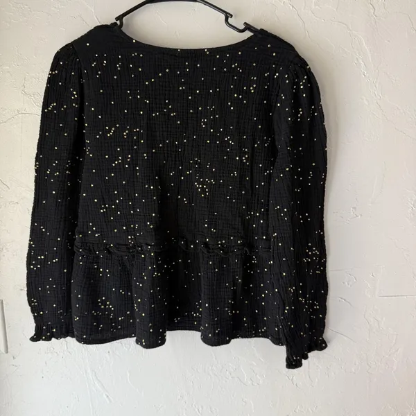 Peace n' love Blouse Womens Medium Black Gold Dot Long Sleeve Peplum‎ Top Boho - Image 9