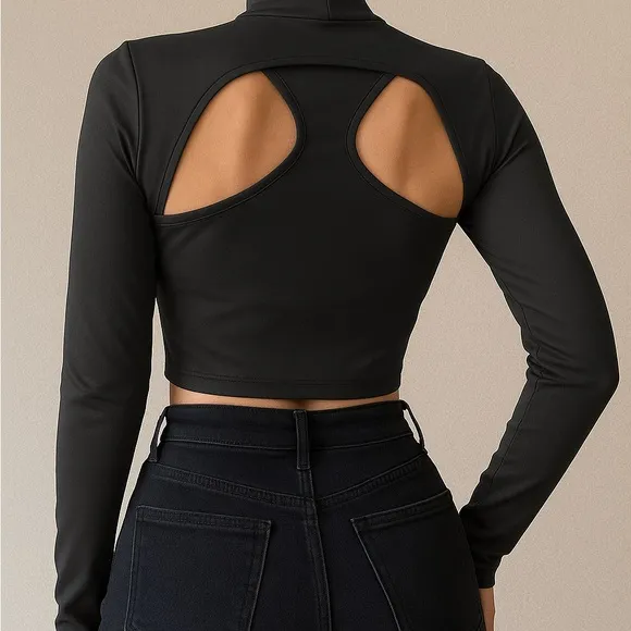 K-POP Inspired Black Cutout Crop Top – Long Sleeve, High Neck – Size XS‎ - Image 2