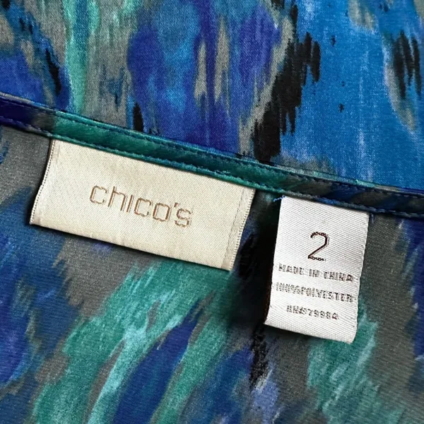 Chico’s Blue Watercolor Silver Beaded Tunic Top Party Resortwear Size 2 Large - Image 5