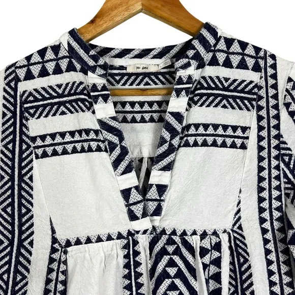 Mi Ami White Blue 100% Cotton Textured 3/4 Sleeve Tiered Mini Dress - Image 3