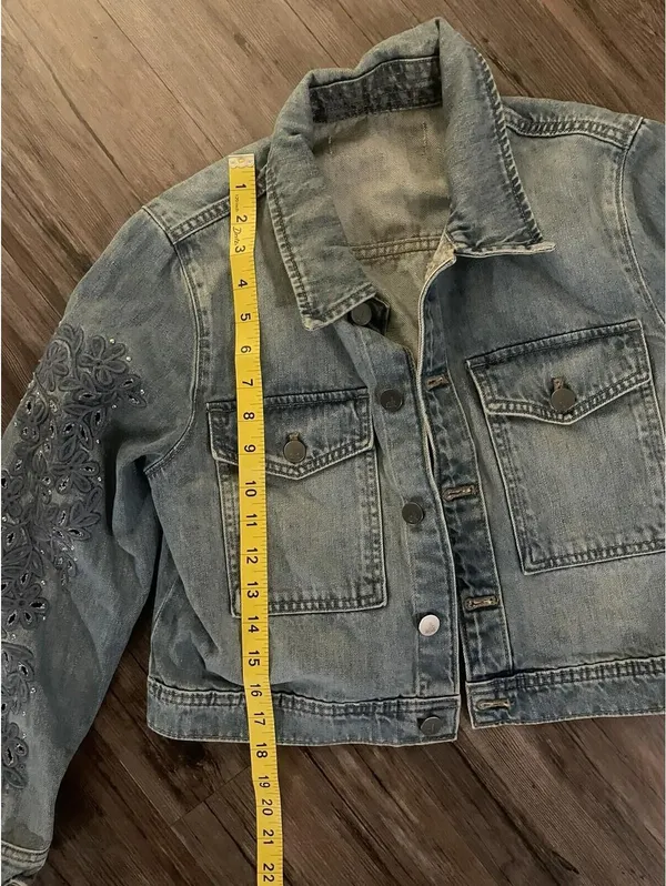 Calvin Klein Floral Embroidered S Cropped Blue Denim Jacket - Image 6