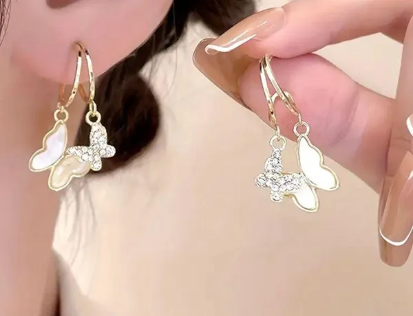 18K Gold Butterfly Pendant Hoop Earrings - Image 6