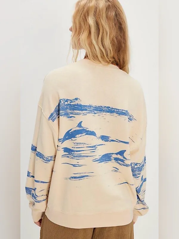 Daydreamer Free people Cream Dolphin-Print Crewneck Sweater oversized Large - Image 2