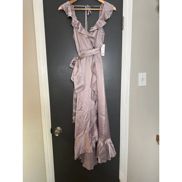 Show Me‎ Your MuMu NEW XXS Samantha Ruffle Wrap Dress Dusty Purple Luxe Satin - Image 3