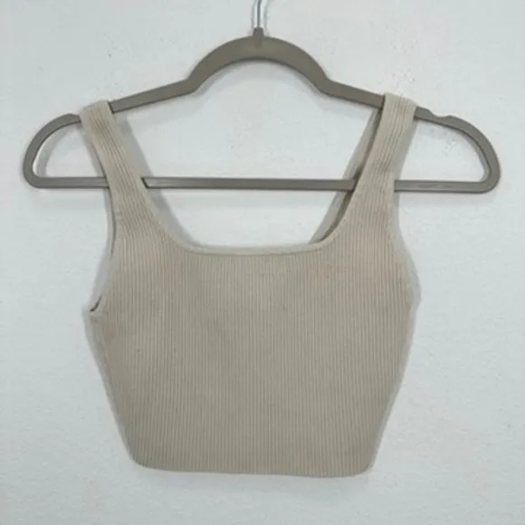 Babaton Ribbed Knit Square Neck Tank Top Sleeveless Crop Top Beige‎ Loungewear - Image 2
