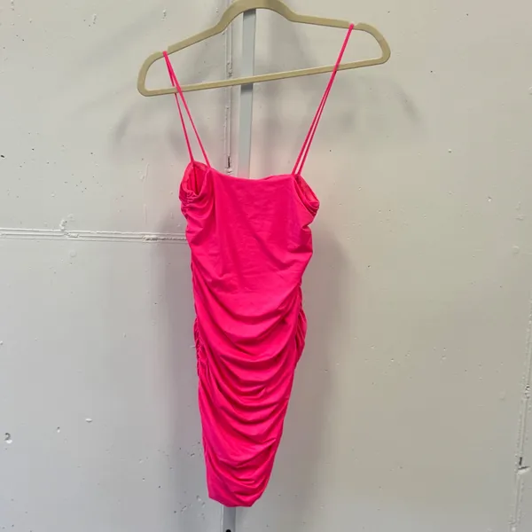 Oh Polly Neon Pink Ruched Bodycon Mini Dress Square Neck Spaghetti Strap US 4 - Image 3