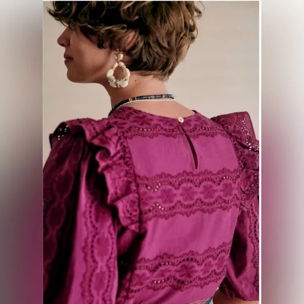 Sézane Elsa Blouse Eyelet Embroidered Ruffled Openwork in Purple Violet sz36/US4 - Image 3