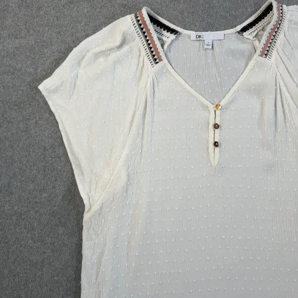 DR2 Women's Small White Swiss Dot Blouse Top V-Neck Embroidered Peasant Boho - Image 5