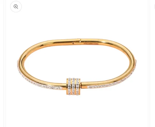 Stainless Steel Stone Accent Hinged Bangle Bracelet Gold - Image 3