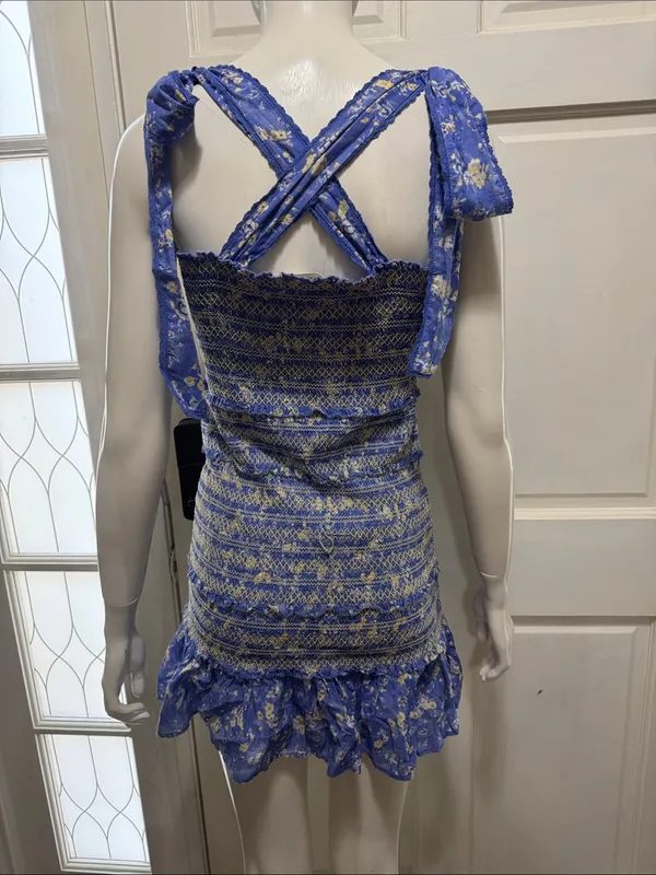 LoveShackFancy Belle Smocked Tie Straps Cotton Mini Dress Blue Jay Floral Print - Image 8