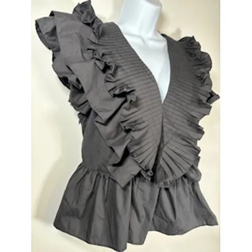 Entro Black Ruffled Peplum Top V-Neck Smocked Pleated‎ Blouse Size Large Chic - Image 3