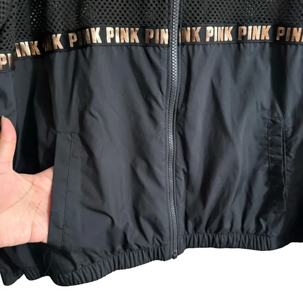 PINK Victorias Secret Zip Front Hooded Vented Jacket-Black/Gold-Polyester-SZ M/L - Image 10