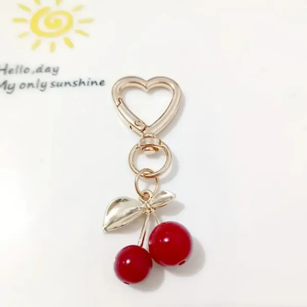 Gold Heart Keychain with Red Cherry Charm‎ - Image 4