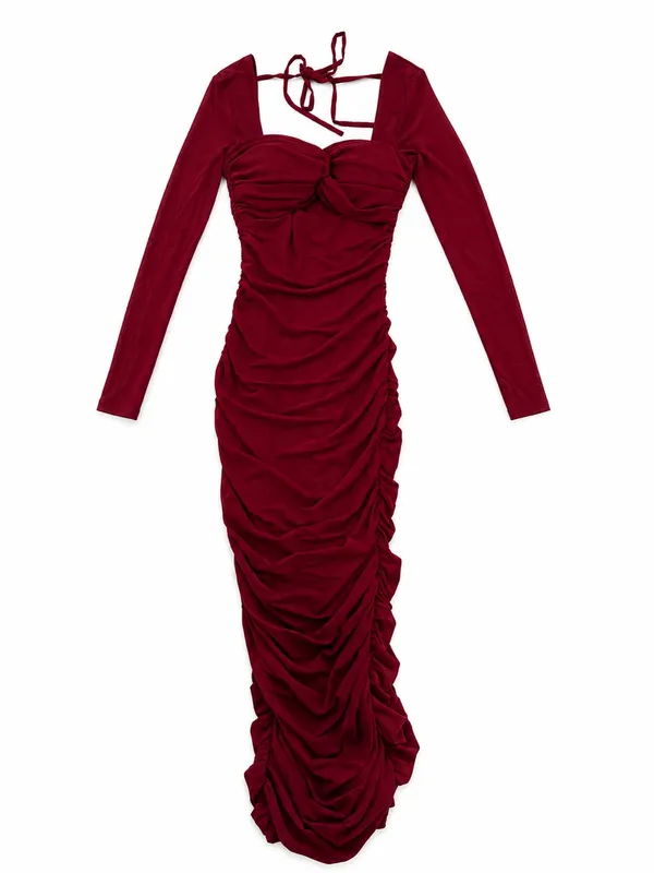 Burgundy Midi Dress Ruched Long-Sleeve | Windsor - Image 4