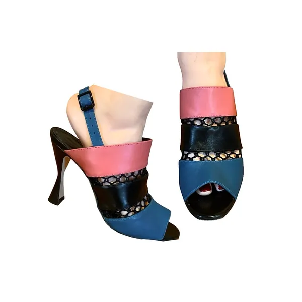 Manolo Blahnik "Aspendum" Black, Blue & Pink Leather W/Mesh Heels (36.5) - Image 13