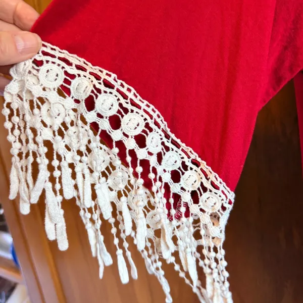 R. Rouge Vintage Red Boho Crochet Fringe Tunic Top Large Flapper - Image 7