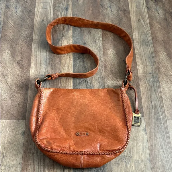 FRYE Cognac Leather Crossbody Saddle‎ Bag Braided Boho Chic Western Inspired - Image 2