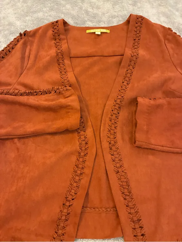 Gianni Bini Rust Suede Open-Front Jacket with Braided Trim Size Small - Image 2