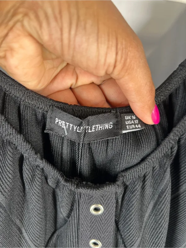 PrettyLittleThing Black Ribbed Mesh Sleeve‎ Bodysuit US 12 NWT - Image 2