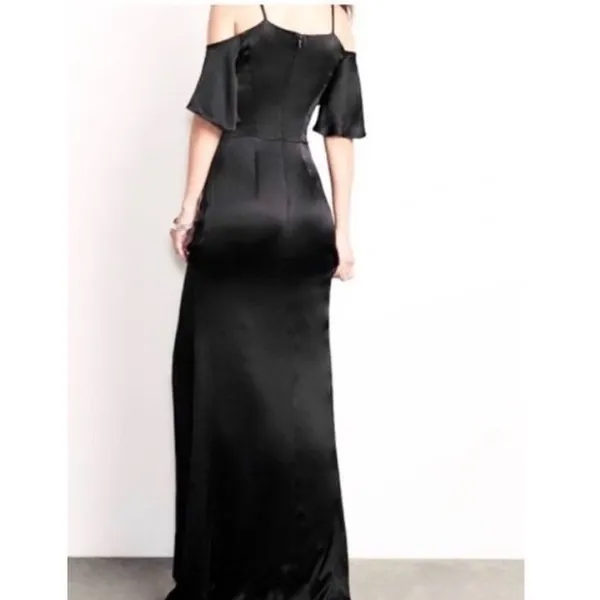 Ali & Jay Black Satin Cold Shoulder Flutter Sleeve V-Neck Maxi Gown Dress - Image 2