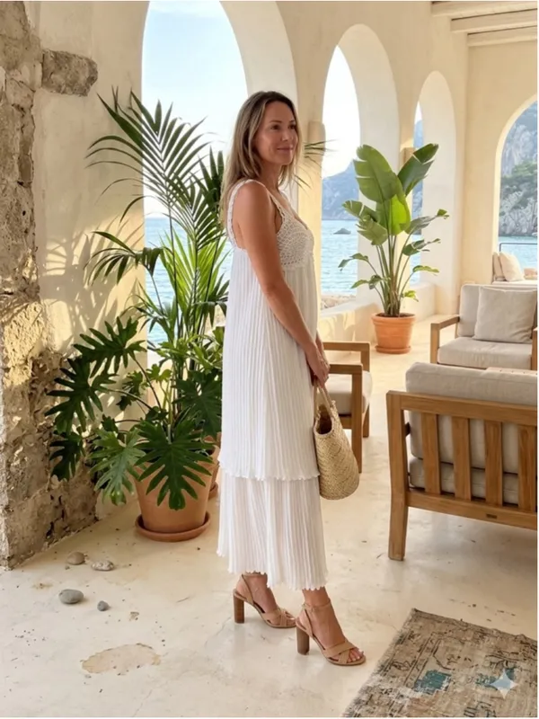 LE LIS BLANC DEUX White Crochet Knit Pleated Layered Maxi Dress Size PP - Image 2