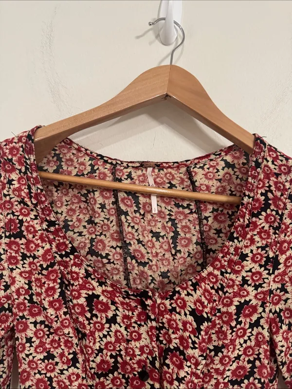 Free People Lace Up Mini Black Combo Dress Buttoned Front Ditsy Floral Print S - Image 6