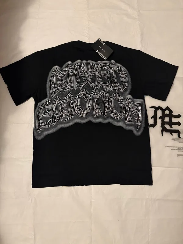 Mixed Emotion black graphic tee with rhinestones featuring three children with wings and guitars, size S - Image 3