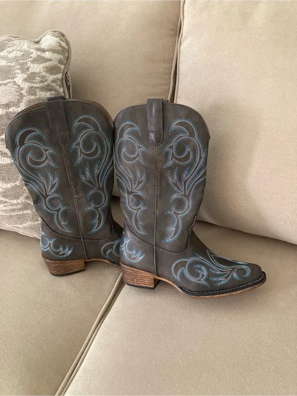 Brown Leather Western Boots with Blue Embroidery - Image 6