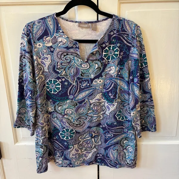 Chico's Size 2 Blue‎ Abstract Floral Paisley Print Blouse Top Shirt Size Large - Image 2