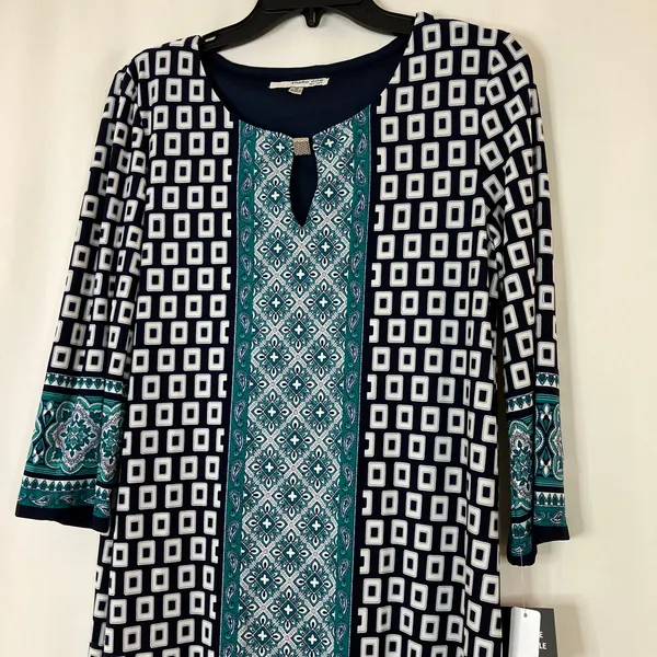 Studio One New York | Teal Navy Geometric Knee Length Dress NWT Womens Medium - Image 2