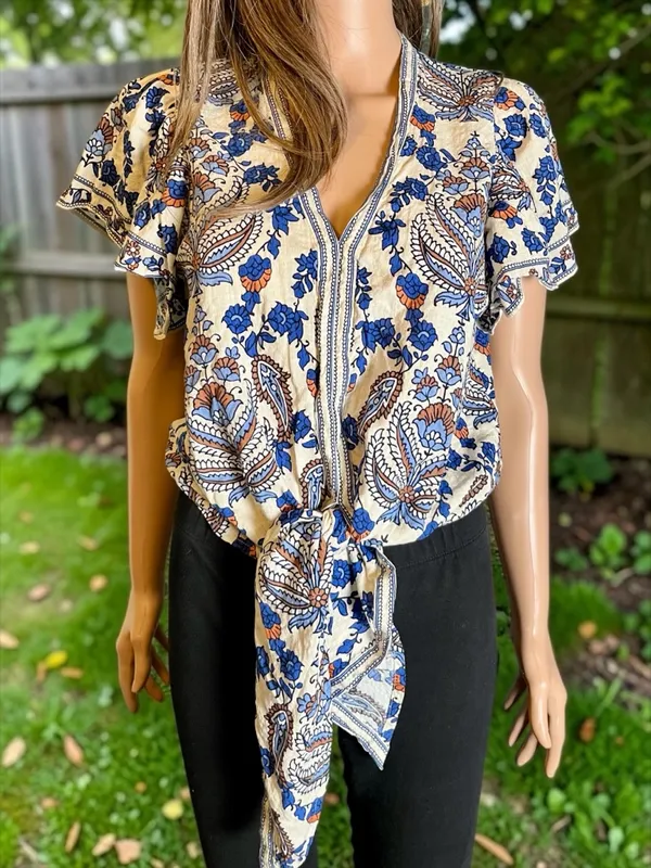 Max Studio Boho Paisley Tie Front Blouse M Blue Cream Coastal Top Anthro-Style - Image 10
