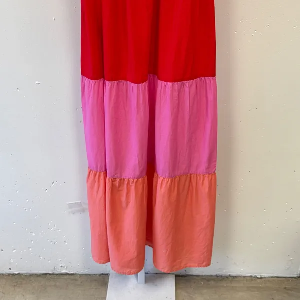 LOFT Outlet Colorblock Smocked Tiered Maxi Dress Red Pink XS Boho Cotton Summer - Image 4