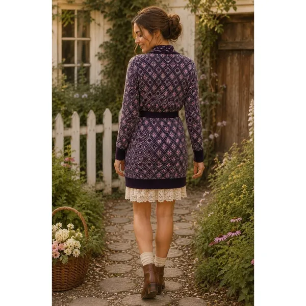 COSY WOOL‎ by Elson Purple Geometric Cardigan Sweater Belted Tie Waist Size 38 - Image 5