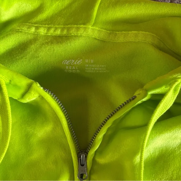 Aerie Real Good Neon Lime Green Velour Cropped Zip Up Hoodie Medium - Image 2