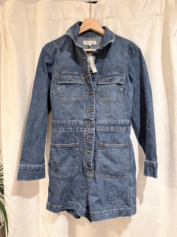 $128 Madewell Blue Denim Long-Sleeve Jumpsuit Short Romper in Vasey Wash - Image 4