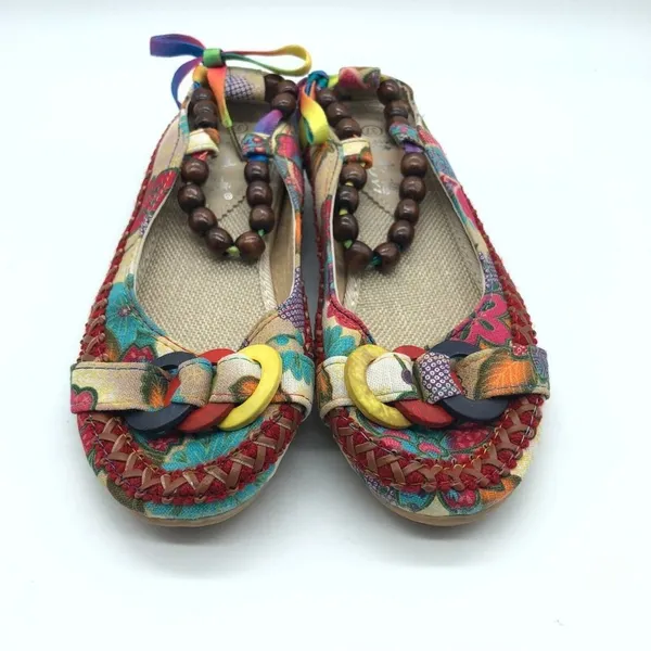 Womens Flats Hidden Heel Floral Ankle Strap Beaded Boho Size 37 US 5 - Image 2
