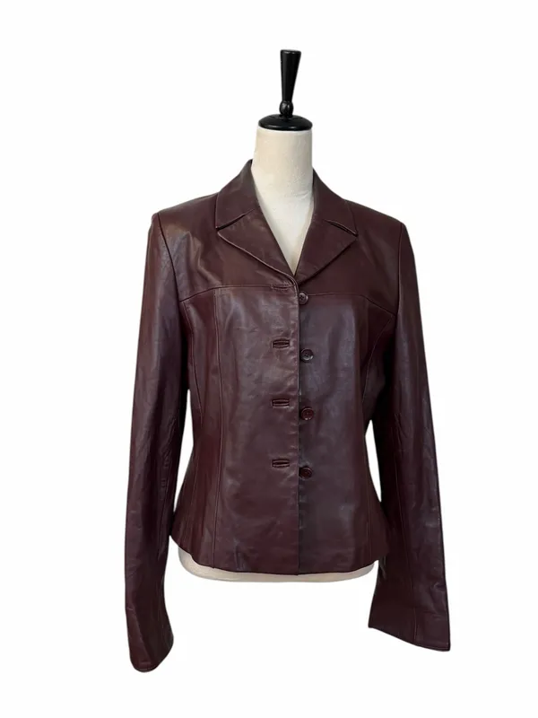 Cache Leather Jacket 10 Burgundy Fitted Button Front Y2K Retro Blazer Maroon - Image 7