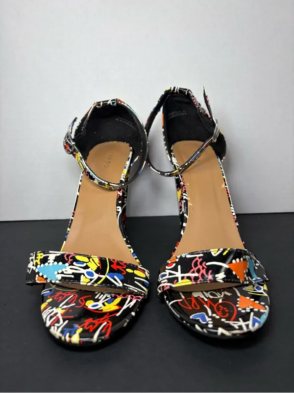 Block Heels BAMBOO Black Multi-Color Graffiti Ankle Strap Sandals - Image 4