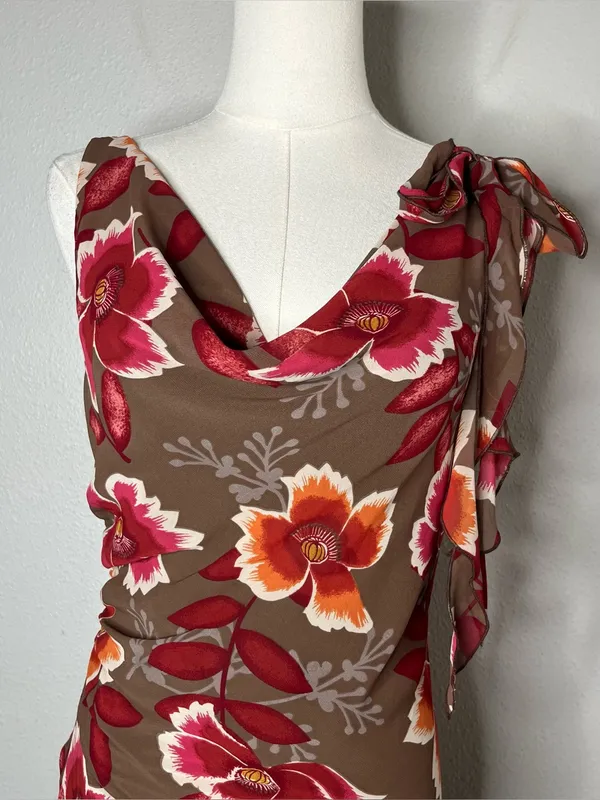 Y2K Vintage Bandolino Brown Red Large Floral Cowl Neck Draped Fairycore Dress - Image 3