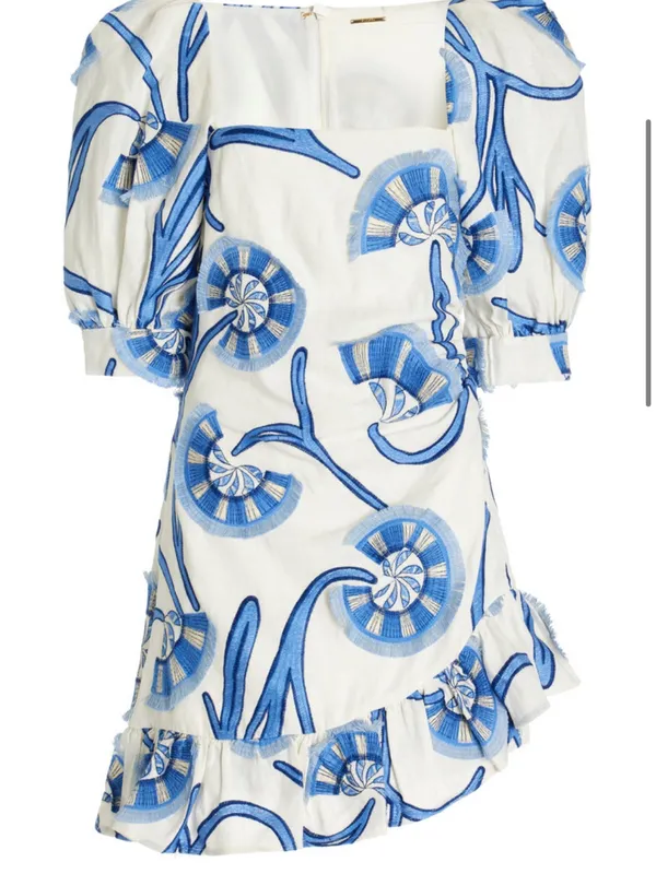 Alexis White Mini Dress with Blue Abstract Fan Print and Puff Sleeves - Image 7